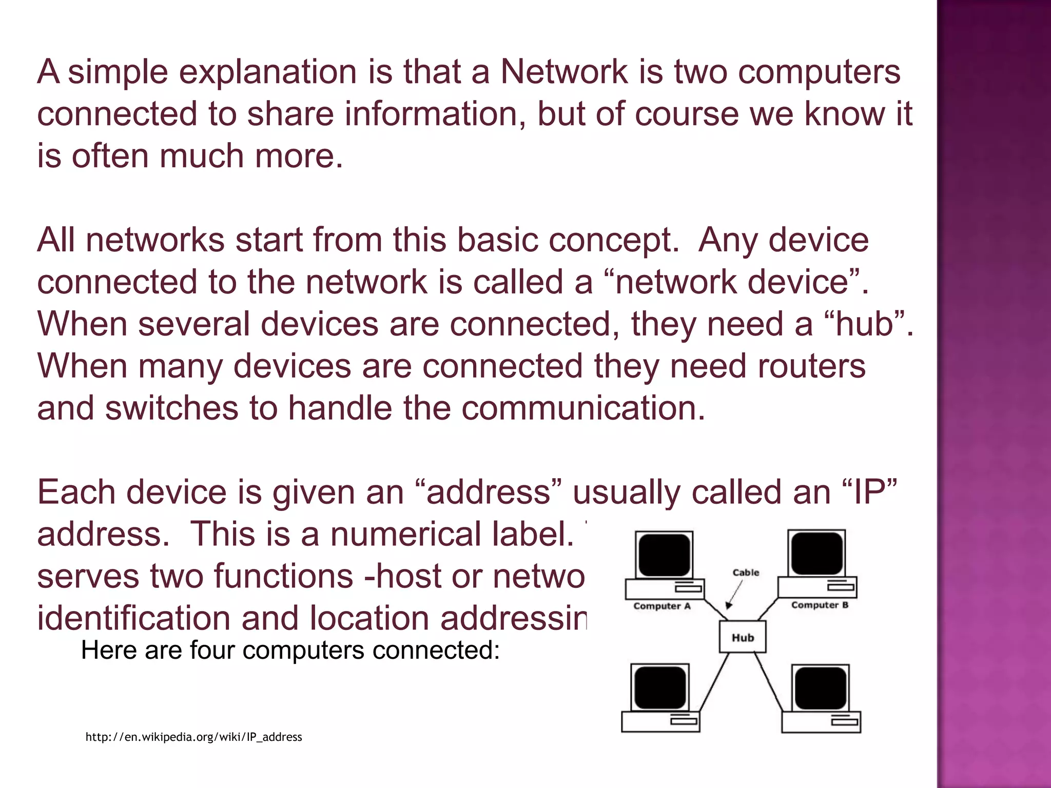 A simple explanation is that a Network is two computers connected to shareinformation, but of course we know it is often much more.All networks start from this basic concept.  Any device connected to the network is called a “network device”.  When several devices are connected, they need a “hub”.  When many devices are connected they need routers and switches to handle the communication.Each device is given an “address” usually called an “IP” address.  This is a numerical label. The IP Address serves two functions -host or network interface identification and location addressingHere are four computers connected: http://en.wikipedia.org/wiki/IP_address