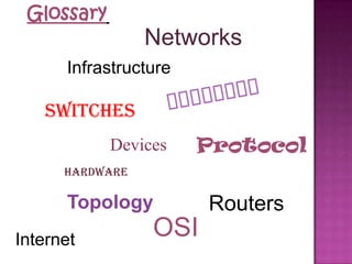 GlossaryNetworksInfrastructureBackboneSwitchesDevicesProtocolHardwareTopologyRoutersOSIInternet