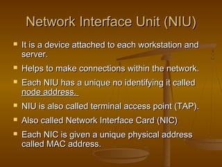 NNeettwwoorrkk IInntteerrffaaccee UUnniitt ((NNIIUU)) 
 IItt iiss aa ddeevviiccee aattttaacchheedd ttoo eeaacchh wwoorrkkssttaattiioonn aanndd 
sseerrvveerr.. 
 HHeellppss ttoo mmaakkee ccoonnnneeccttiioonnss wwiitthhiinn tthhee nneettwwoorrkk.. 
 EEaacchh NNIIUU hhaass aa uunniiqquuee nnoo iiddeennttiiffyyiinngg iitt ccaalllleedd 
nnooddee aaddddrreessss.. 
 NNIIUU iiss aallssoo ccaalllleedd tteerrmmiinnaall aacccceessss ppooiinntt ((TTAAPP)).. 
 AAllssoo ccaalllleedd NNeettwwoorrkk IInntteerrffaaccee CCaarrdd ((NNIICC)) 
 EEaacchh NNIICC iiss ggiivveenn aa uunniiqquuee pphhyyssiiccaall aaddddrreessss 
ccaalllleedd MMAACC aaddddrreessss.. 
 