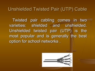 UUnnsshhiieellddeedd TTwwiisstteedd PPaaiirr ((UUTTPP)) CCaabbllee 
TTwwiisstteedd ppaaiirr ccaabblliinngg ccoommeess iinn ttwwoo 
vvaarriieettiieess:: sshhiieellddeedd aanndd uunnsshhiieellddeedd.. 
UUnnsshhiieellddeedd ttwwiisstteedd ppaaiirr ((UUTTPP)) iiss tthhee 
mmoosstt ppooppuullaarr aanndd iiss ggeenneerraallllyy tthhee bbeesstt 
ooppttiioonn ffoorr sscchhooooll nneettwwoorrkkss .. 
 