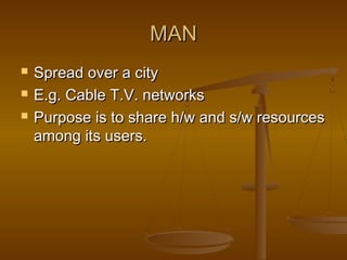MMAANN 
 SSpprreeaadd oovveerr aa cciittyy 
 EE..gg.. CCaabbllee TT..VV.. nneettwwoorrkkss 
 PPuurrppoossee iiss ttoo sshhaarree hh//ww aanndd ss//ww rreessoouurrcceess 
aammoonngg iittss uusseerrss.. 
 