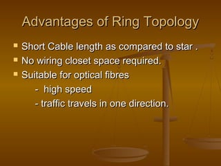 AAddvvaannttaaggeess ooff RRiinngg TTooppoollooggyy 
 SShhoorrtt CCaabbllee lleennggtthh aass ccoommppaarreedd ttoo ssttaarr .. 
 NNoo wwiirriinngg cclloosseett ssppaaccee rreeqquuiirreedd.. 
 SSuuiittaabbllee ffoorr ooppttiiccaall ffiibbrreess 
-- hhiigghh ssppeeeedd 
-- ttrraaffffiicc ttrraavveellss iinn oonnee ddiirreeccttiioonn.. 
 