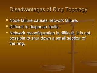 Disadvantages ooff RRiinngg TTooppoollooggyy 
 NNooddee ffaaiilluurree ccaauusseess nneettwwoorrkk ffaaiilluurree.. 
 DDiiffffiiccuulltt ttoo ddiiaaggnnoossee ffaauullttss.. 
 NNeettwwoorrkk rreeccoonnffiigguurraattiioonn iiss ddiiffffiiccuulltt.. IItt iiss nnoott 
ppoossssiibbllee ttoo sshhuutt ddoowwnn aa ssmmaallll sseeccttiioonn ooff 
tthhee rriinngg.. 
 