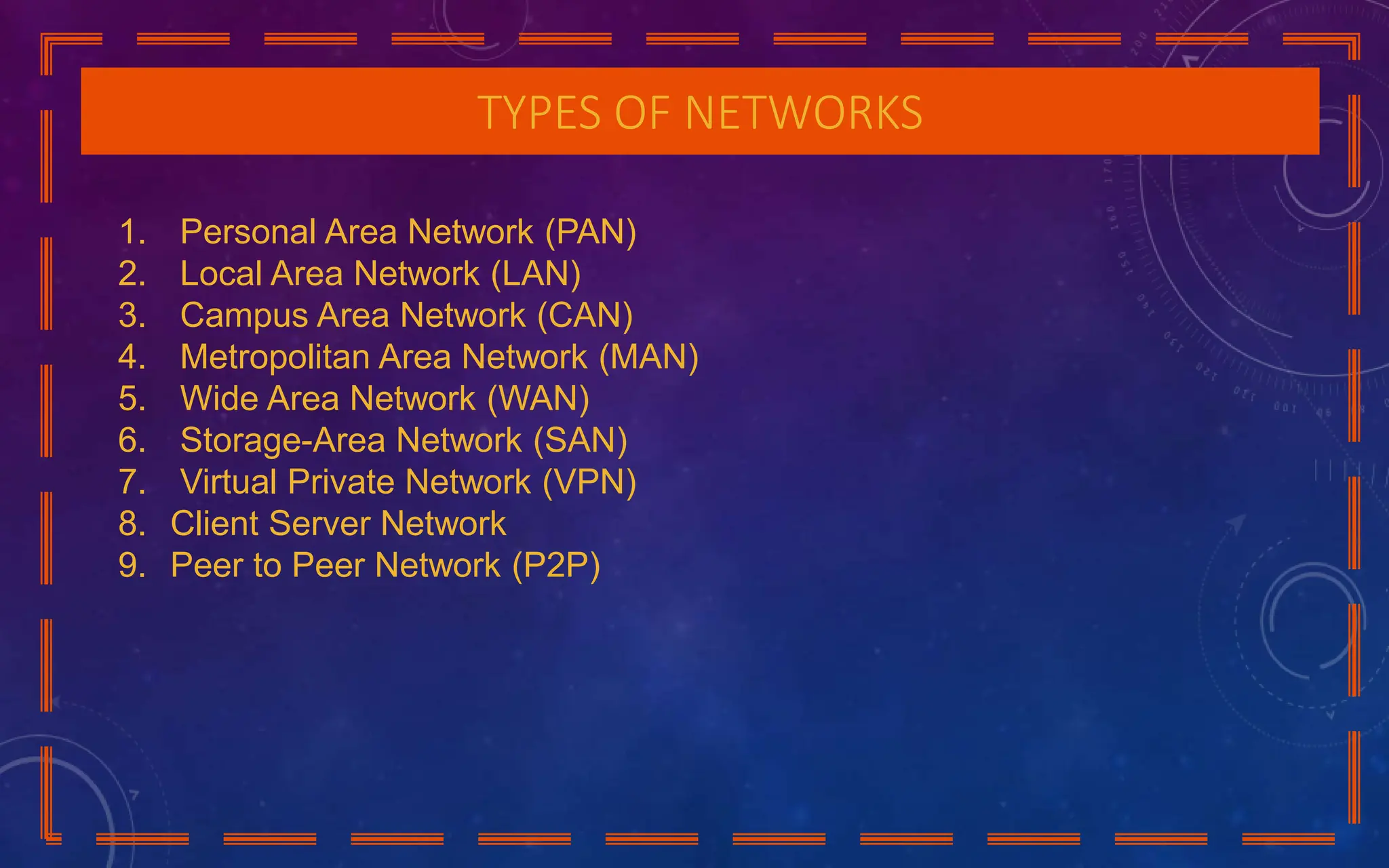 TYPES OF NETWORKS
1. Personal Area Network (PAN)
2. Local Area Network (LAN)
3. Campus Area Network (CAN)
4. Metropolitan Area Network (MAN)
5. Wide Area Network (WAN)
6. Storage-Area Network (SAN)
7. Virtual Private Network (VPN)
8. Client Server Network
9. Peer to Peer Network (P2P)
 