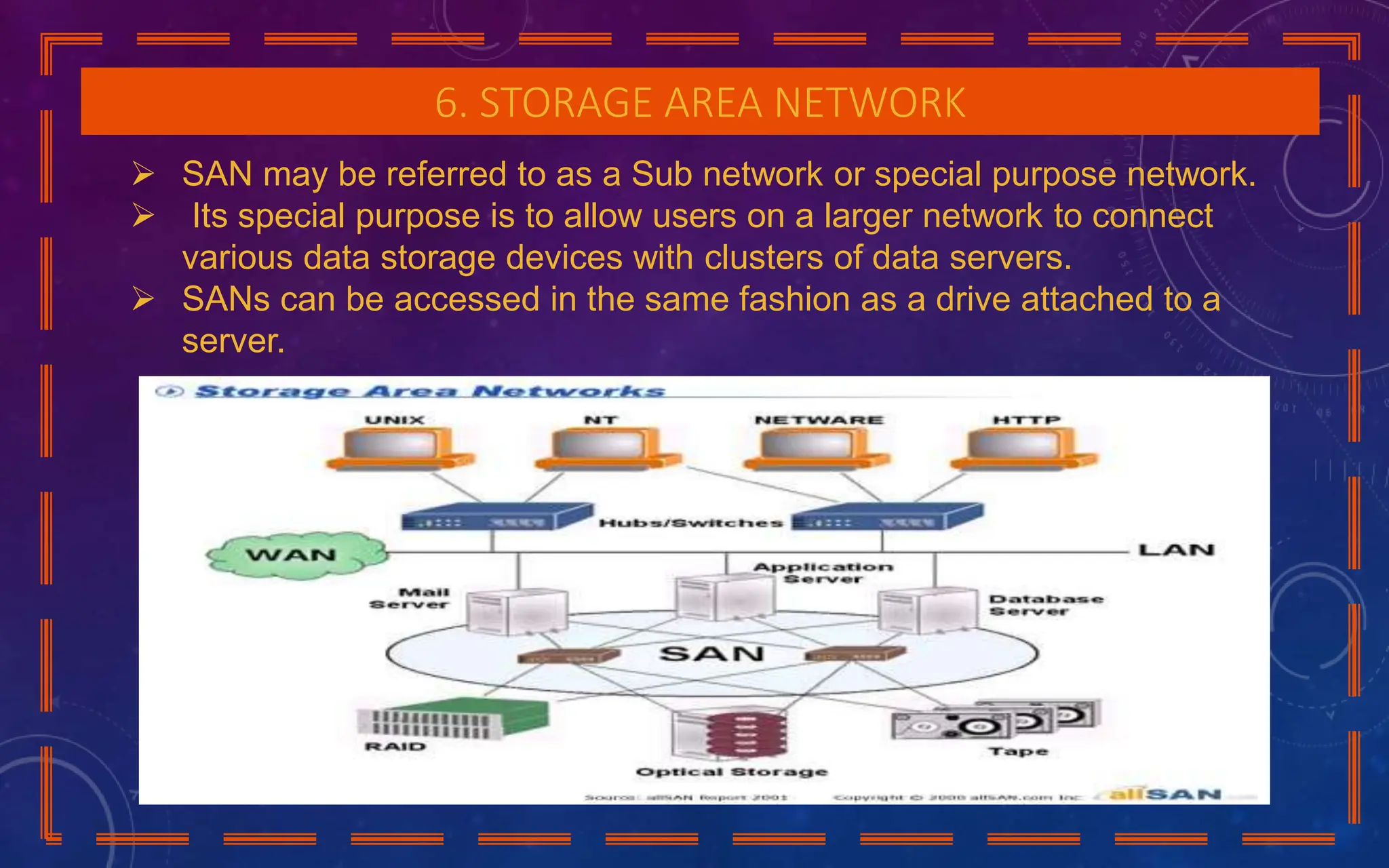 6. STORAGE AREA NETWORK
 SAN may be referred to as a Sub network or special purpose network.
 Its special purpose is to allow users on a larger network to connect
various data storage devices with clusters of data servers.
 SANs can be accessed in the same fashion as a drive attached to a
server.
 