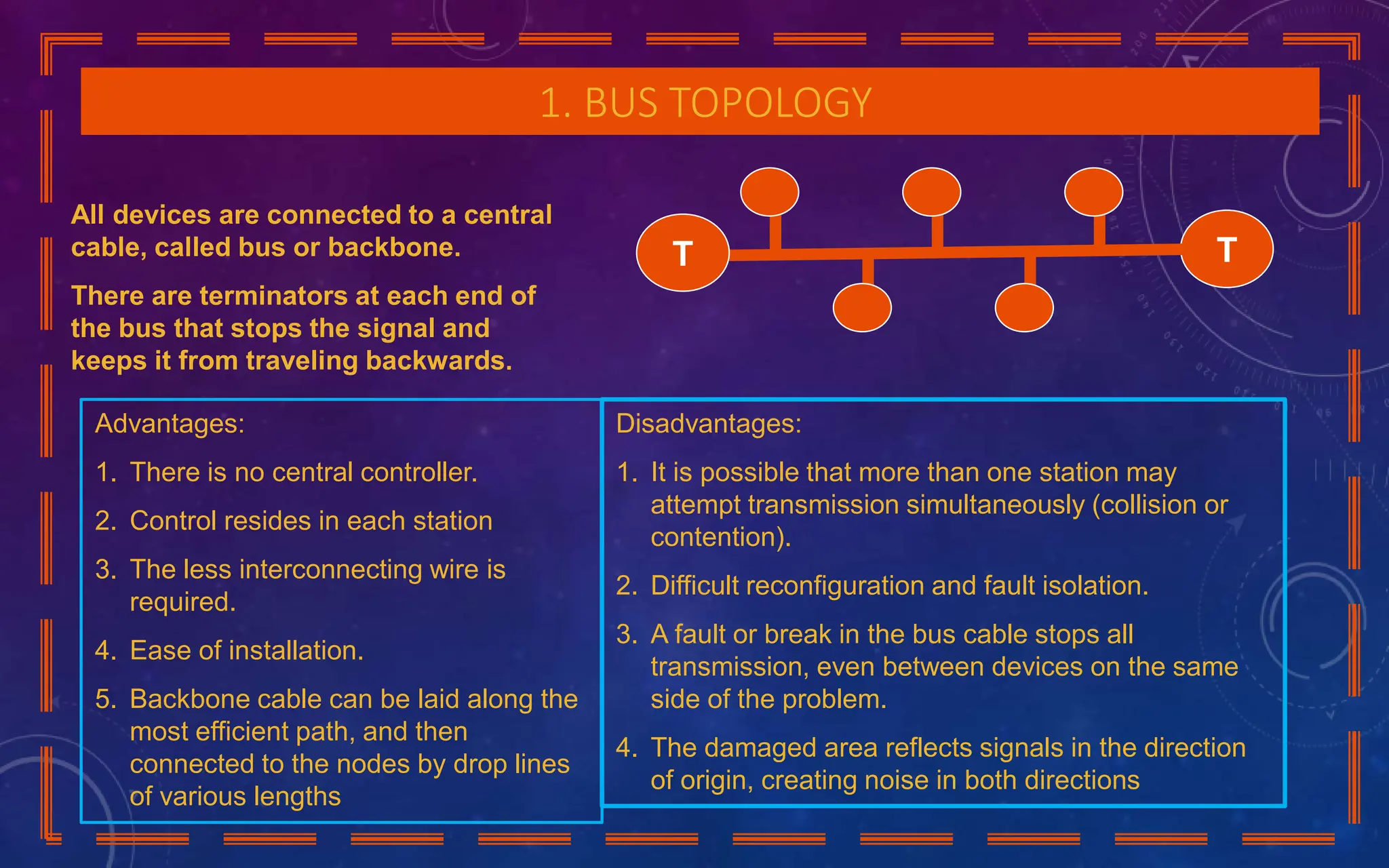 1. BUS TOPOLOGY
T
T
All devices are connected to a central
cable, called bus or backbone.
There are terminators at each end of
the bus that stops the signal and
keeps it from traveling backwards.
Disadvantages:
1. It is possible that more than one station may
attempt transmission simultaneously (collision or
contention).
2. Difficult reconfiguration and fault isolation.
3. A fault or break in the bus cable stops all
transmission, even between devices on the same
side of the problem.
4. The damaged area reflects signals in the direction
of origin, creating noise in both directions
Advantages:
1. There is no central controller.
2. Control resides in each station
3. The less interconnecting wire is
required.
4. Ease of installation.
5. Backbone cable can be laid along the
most efficient path, and then
connected to the nodes by drop lines
of various lengths
 