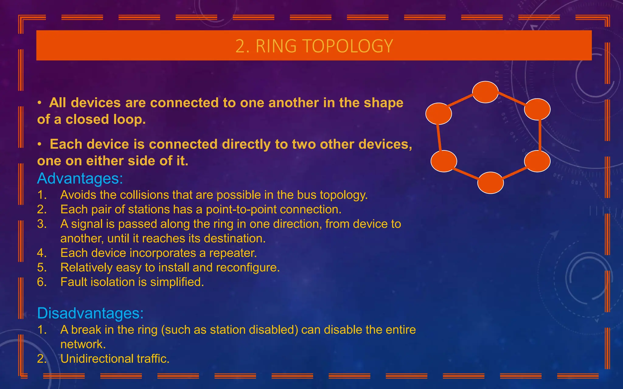 2. RING TOPOLOGY
• All devices are connected to one another in the shape
of a closed loop.
• Each device is connected directly to two other devices,
one on either side of it.
Advantages:
1. Avoids the collisions that are possible in the bus topology.
2. Each pair of stations has a point-to-point connection.
3. A signal is passed along the ring in one direction, from device to
another, until it reaches its destination.
4. Each device incorporates a repeater.
5. Relatively easy to install and reconfigure.
6. Fault isolation is simplified.
Disadvantages:
1. A break in the ring (such as station disabled) can disable the entire
network.
2. Unidirectional traffic.
 