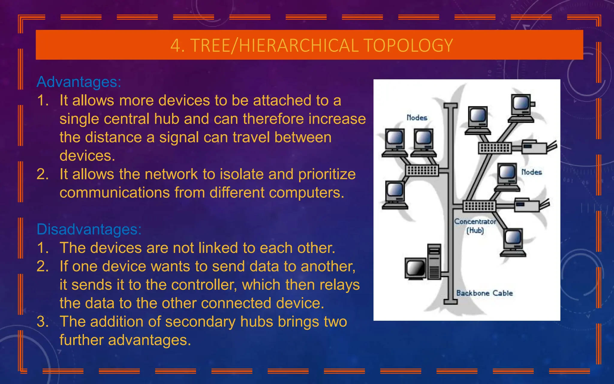 4. TREE/HIERARCHICAL TOPOLOGY
Advantages:
1. It allows more devices to be attached to a
single central hub and can therefore increase
the distance a signal can travel between
devices.
2. It allows the network to isolate and prioritize
communications from different computers.
Disadvantages:
1. The devices are not linked to each other.
2. If one device wants to send data to another,
it sends it to the controller, which then relays
the data to the other connected device.
3. The addition of secondary hubs brings two
further advantages.
 