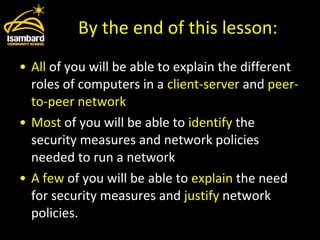 By the end of this lesson: All  of you will be able to explain the different roles of computers in a  client-server  and  peer-to-peer network Most  of you will be able to  identify  the security measures and network policies needed to run a network A few  of you will be able to  explain  the need for security measures and  justify  network policies. 