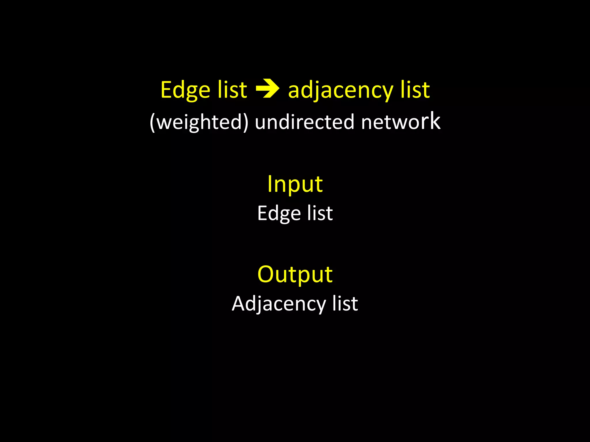 Edge list  adjacency list
(weighted) undirected network

           Input
          Edge list

          Output
        Adjacency list
 