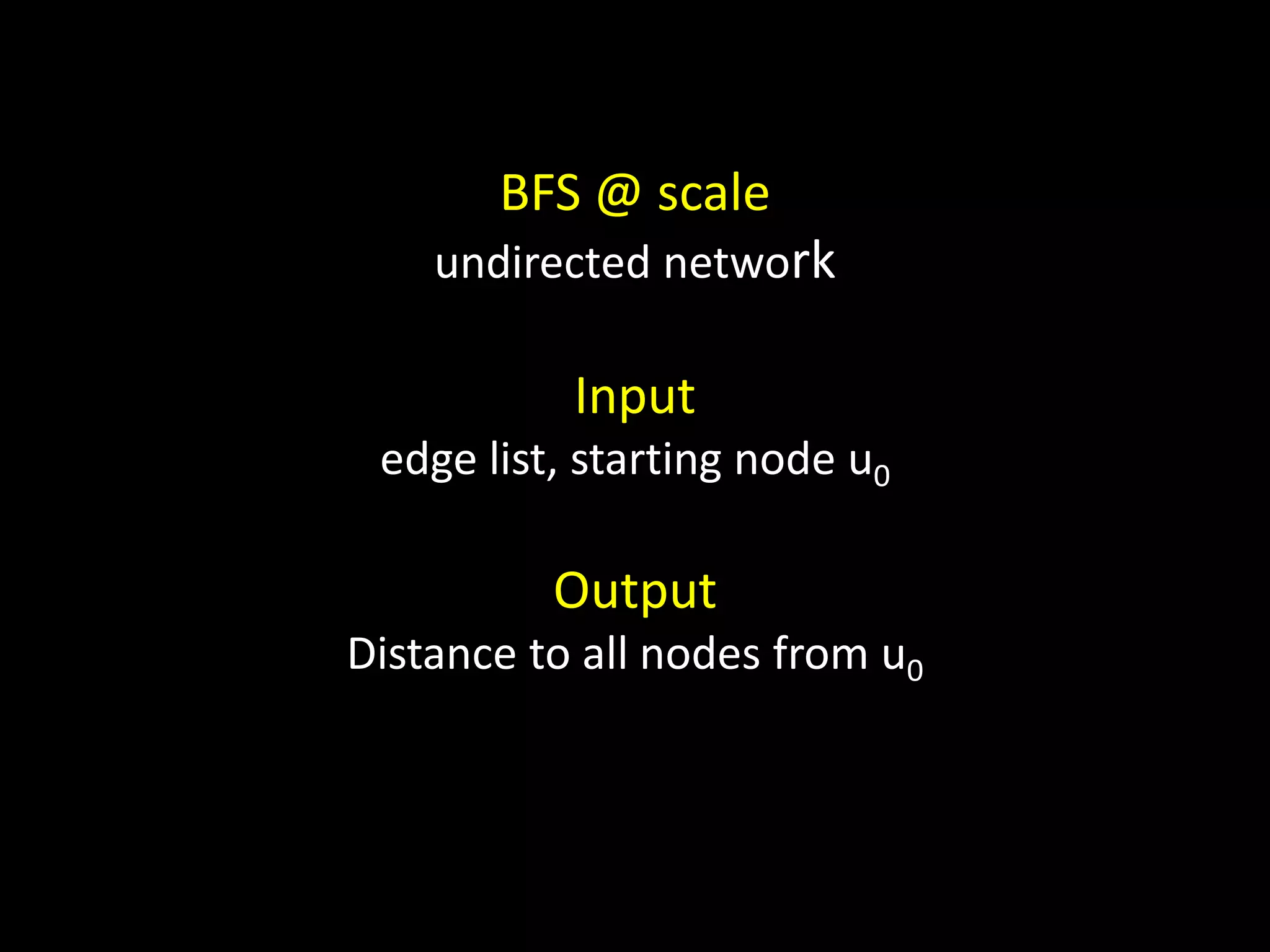 BFS @ scale
    undirected network

           Input
 edge list, starting node u0

          Output
Distance to all nodes from u0
 