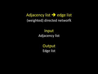 Adjacency list  edge list
(weighted) directed network

          Input
       Adjacency list

         Output
         Edge list
 