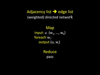 Adjacency list  edge list
(weighted) directed network

           Map
    input: u {w1, …, wk}
    foreach wi:
       output (u, wi)

         Reduce
           pass
 