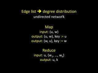 Edge list  degree distribution
       undirected network

              Map
         input: (u, w)
     output: (u, w), key := u
     output: (w, u), key := w

            Reduce
      input: u, {w1, …, wk}
          output: u, k
 