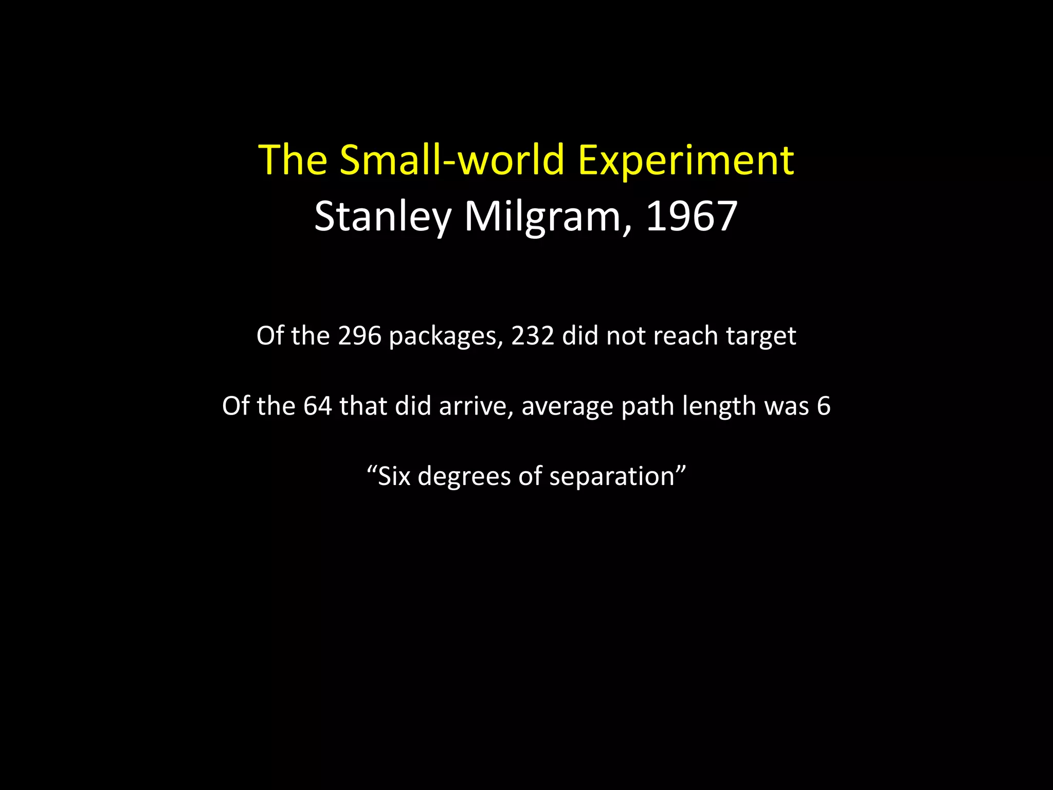 The Small-world Experiment Stanley Milgram, 1967 Of the 296 packages, 232 did not reach target Of the 64 that did arrive, average path length was 6 “Six degrees of separation” 