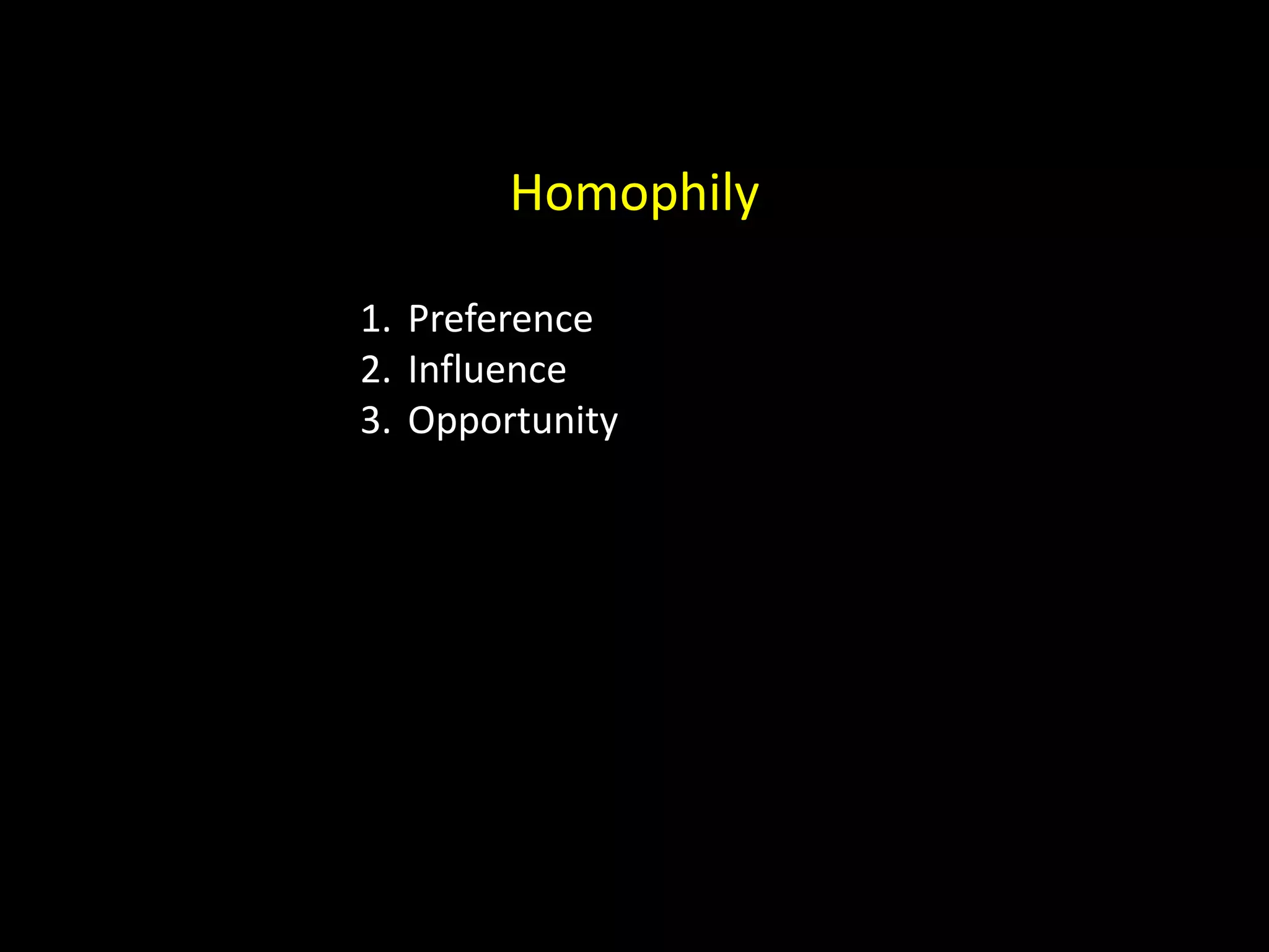 Homophily 1. Preference 2. Influence 3. Opportunity 