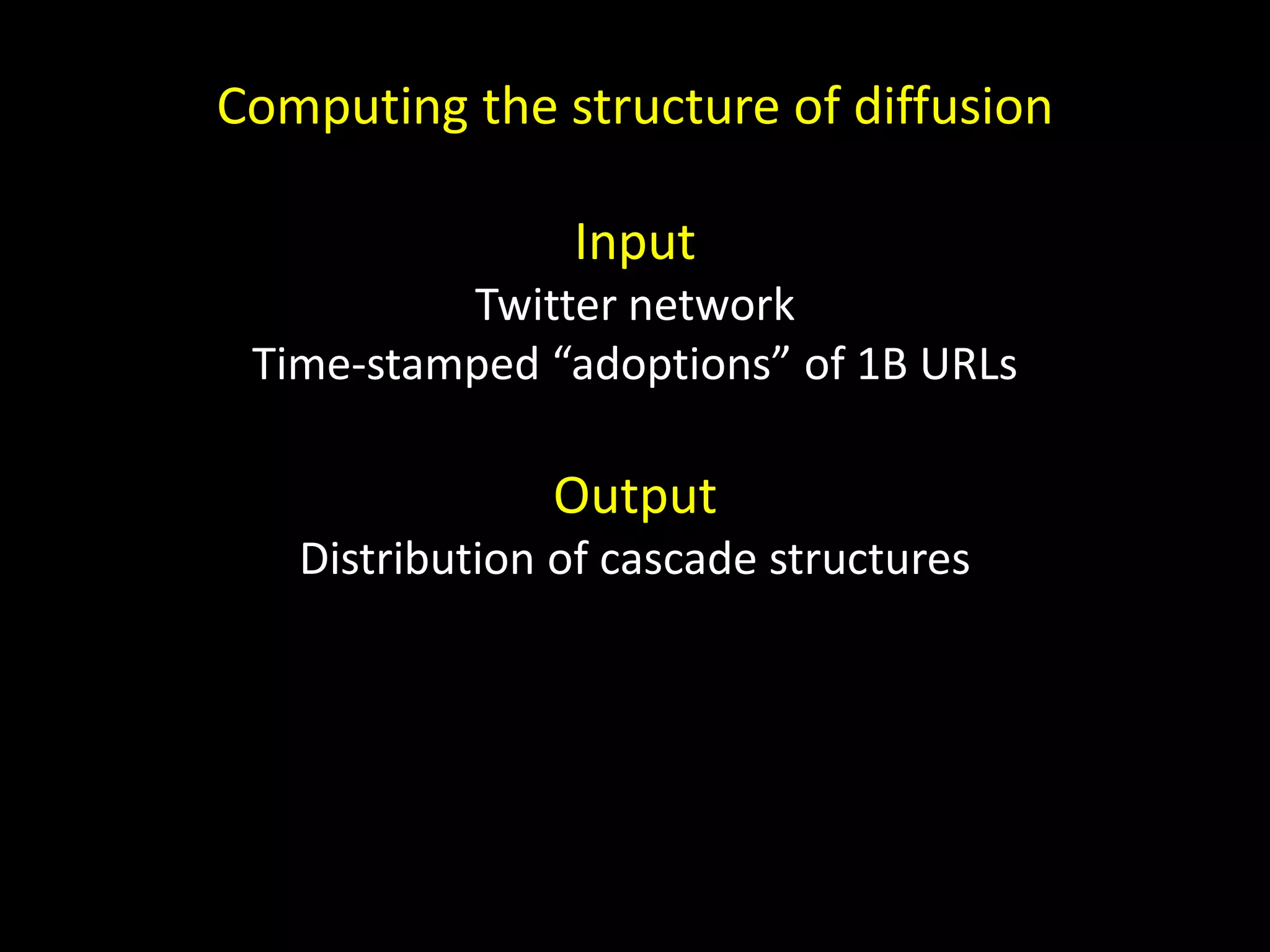Computing the structure of diffusion Input Twitter network Time-stamped “adoptions” of 1B URLs Output Distribution of cascade structures 