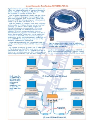 Jaycar Electronics Tech Update: NETWORKS.PDF (3)
digital cameras, low speed CD-ROM burners and so on.
USB is also supported by most of the recent versions of
Windows: Windows 98, Windows ME, Windows 2000
and Windows XP (but not Windows NT).
One of the big advantages of USB are that it’s ‘Plug-nPlay’, so cables can be plugged in or unplugged safely
even when the power is on. It also offers a fairly high
data rate of 12Mb/s, although only over relatively short
cables — up to about five metres or so.
USB was designed to connect a single ‘host’ computer
with many (up to 127) slave devices, with a ‘tiered star’
topology. This means it wasn’t really designed for
directly linking two or more computers. (For more
information on USB, see the Reference Data Sheet
USBBUS.PDF, which can be downloaded from our
website). However engineers have recently been able to
design special adapter cables which can be used to link
computers via their USB ports, and software people
have written ‘driver’ software to support networking via
these USB-USB link cables, running under any of the
operating systems which support USB.
Using one of these cables you can usually achieve data
transfer rates of about half the full USB rate, or roughly
5Mb/s.
An example of this type of cable is the XC-4845 USB
to Net-Linq cable available from Jaycar stores and
Electus dealers. Hooking two PCs together using one of
these is very straightforward; you don’t need to open up
either computer to fit any cards. All that’s needed is to

Fig.3: How the
XC-4845 USB to
NET-Linq cable
shown at above
right can be
used for
networking two
or more PCs
using their USB
ports.

Here is the Jaycar XC-4845 ‘USB to NET-Linq’
cable, which can be used to network two or more
PCs via their USB ports...
install the driver software (supplied on a CD-ROM) on
one PC to suit its operating system, and then connect
the two computers together via the USB adaptor cable

 