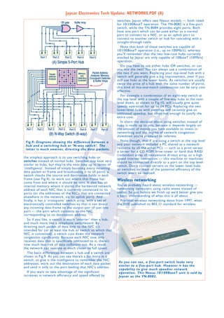 Jaycar Electronics Tech Update: NETWORKS.PDF (8)
OR gate

Port 1

Port 2

Buffer Amp

Port 3

Port 4

Port 5

(A) Simple 5-Port Hub
Memory
and
Switching
Controller

Packet
Address
Analyser

Port 1

Port 2

Port 3

Port 4

Port 5

Port 6

Packet Address
Analyser, Memory,
Crosspoint Switches
& Buffer Amps

Port 7

Port 8

(B) N-Way Switch (8-way)
Fig.9: Diagrams showing the difference between a
hub and a switching hub or ‘N-way switch’. The
latter is much smarter, directing the data packets.
the simplest approach is to use switching hubs or
s w i t c h e s instead of normal hubs. Switches may look very
similar to hubs, but they’re the next step up in terms of
‘intelligence’. Instead of simply boosting every incoming
data packet or frame and broadcasting it to all ports, a
switch checks the source and destination fields in each
frame (see Fig.4), to work out where that frame has
come from and where it should be sent. It also has an
internal memory where it stores the hardwired network
address of each NIC that is currently connected to its
ports (or the addresses of the NICs that are connected
elsewhere in the network, via its uplink port). And
finally, it has a ‘crosspoint’ switch array, with a set of
electronically controlled switches so that it can direct
any incoming data frame to the output pair of just one
port — the port which connects to the NIC
corresponding to its destination address.
So if you like, a switch is much ‘smarter’ than a hub,
and much more like a telephone switchboard. By
directing each packet of data only to the NIC it’s
intended for (or at least the hub or switch to which that
NIC is connected), a switch cuts down the network
congestion significantly. Because each NIC now only
receives data that is specifically addressed to it, there’s
now much less risk of data collisions too. As a result
the network can operate at much closer to full speed.
The basic differences between a hub and a switch are
shown in Fig.9. As you can see there’s a lot more in a
switch, to give it the intelligence to remember the NIC
addresses, work out the destination of each data packet
and send it only to the port leading that NIC’s address.
If you want to take advantage of the significant
increases in network efficiency and speed offered by

switches, Jaycar offers two Nexus models — both rated
for 10/100BaseT operation. The YN-8082 is a five-port
switch, while the YN-8084 provides eight ports. Both
have one port which can be used either as a normal
port to connect to a NIC, or as an uplink port to
connect to another switch or hub for cascading with a
straight-through cable.
Note that both of these switches are capable of
10/100BaseT operation (i.e., up to 100Mb/s), whereas
you’ll remember that the two low-cost hubs currently
stocked by Jaycar are only capable of 10BaseT (10Mb/s)
operation.
Do you have to use either hubs OR switches, or can
you mix the two? You can always use a combination of
the two if you want. Replacing your top-level hub with a
switch will generally give a big improvement, even if you
still use hubs at the lower levels. As switches are usually
twice the price of a hub with the same number of ports,
this kind of mix-and-match combination can be very cost
effective.
For example a combination of an eight-way switch at
the top level with a couple of five-way hubs at the next
level down, as shown in Fig.10, will usually give quite
speedy operation for up to 14 PCs. Replacing the two
lower-level hubs with switches will certainly give an
additional speedup, but often not enough to justify the
extra cost.
In short the decision about using switches instead of
hubs is really up to you, because it depends largely on
the amount of money you have available to invest in
networking and the degree of network congestion
slowdown you’re prepared to tolerate.
Note though, that if are using a switch at the top level
and your network includes a PC shared as a network
resource by all the other PCs — such as a print server,
a server for a CD-ROM drive tower or hard disk RAID
(redundant array of inexpensive drives) array, or a high
speed internet connection — this machine or machines
should be connected directly to a port on the top level
switch. Don’t connect servers to the lower level hubs
or switches, or most of the potential efficiency of the
switch won’t be realised.

Wireless networking

You’ve probably heard about wireless networking —
networking computers using radio waves instead of
cables. So just before we finish up we’d better give you
a basic understanding of what this is all about.
Practical wireless networking dates from 1997, when
the IEEE published its 802.11 standard for wireless

As you can see, a five-port switch looks very
similar to a five-port hub. However it has the
capability to give much speedier network
operation. This Nexus 10/100BaseT unit is sold by
Jaycar as the YN-8082.

 