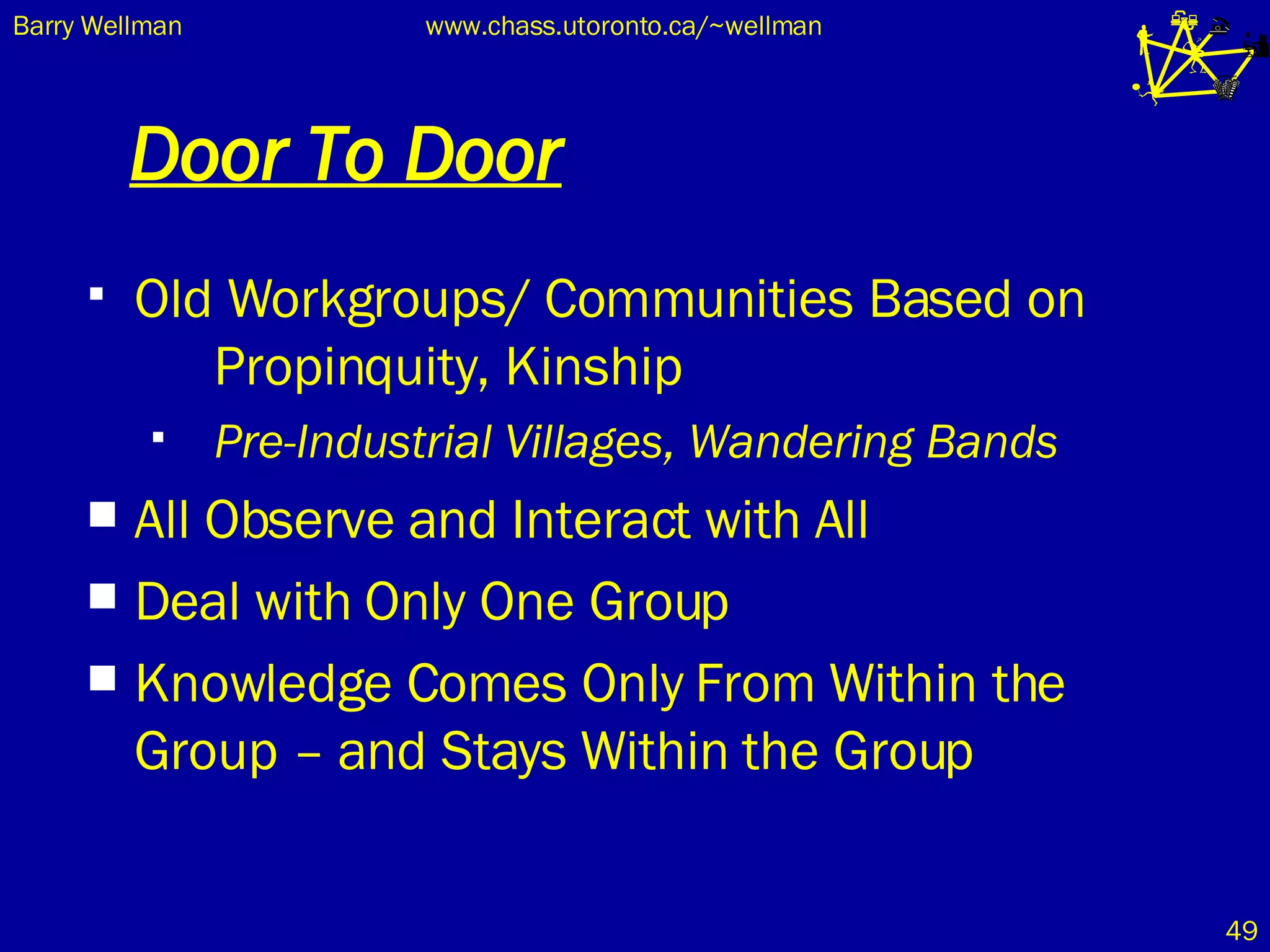 Door To Door Old Workgroups/ Communities Based on  Propinquity, Kinship  Pre-Industrial Villages, Wandering Bands All Observe and Interact with All Deal with Only One Group Knowledge Comes Only From Within the Group – and Stays Within the Group 