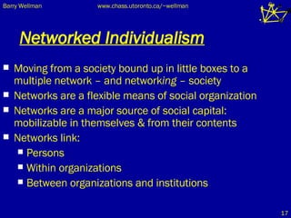 Networked Individualism Moving from a society bound up in little boxes to a multiple network – and network ing  – society Networks are a flexible means of social organization Networks are a major source of social capital:  mobilizable in themselves & from their contents Networks link: Persons Within organizations Between organizations and institutions 