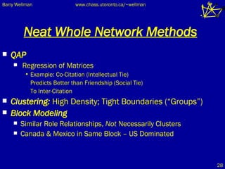 Neat Whole Network Methods QAP Regression of Matrices Example: Co-Citation (Intellectual Tie)  Predicts Better than Friendship (Social Tie) To Inter-Citation Clustering:  High Density; Tight Boundaries (“Groups”) Block Modeling Similar Role Relationships,  Not  Necessarily Clusters Canada & Mexico in Same Block – US Dominated 