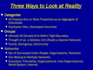 Three Ways to Look at Reality Categories All Possess One or More Properties as an Aggregate of Individuals Examples:  Men, Developed Countries Groups (Almost) All Densely-Knit Within Tight Boundary Thought of as  a Solidary Unit  (Really a Special Network) Family, Workgroup, Community Networks Set of Connected Units: People, Organizations, Networks Can Belong to Multiple Networks Examples:  Friendship, Organizational, Inter-Organizational, World-System, Internet 