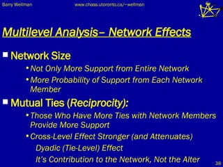 Multilevel Analysis– Network Effects Network Size  Not Only More Support from Entire Network More Probability of Support from Each Network Member Mutual Ties ( Reciprocity):  Those Who Have More Ties with Network Members Provide More Support Cross-Level Effect Stronger (and Attenuates) Dyadic (Tie-Level) Effect It’s Contribution to the Network, Not the Alter 