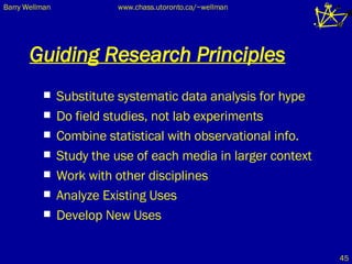 Guiding Research Principles Substitute systematic data analysis for hype Do field studies, not lab experiments Combine statistical with observational info. Study the use of each media in larger context Work with other disciplines Analyze Existing Uses Develop New Uses 