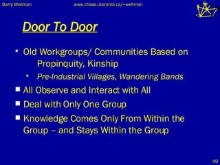 Door To Door Old Workgroups/ Communities Based on  Propinquity, Kinship  Pre-Industrial Villages, Wandering Bands All Observe and Interact with All Deal with Only One Group Knowledge Comes Only From Within the Group – and Stays Within the Group 