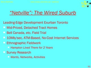 “ Netville”: The Wired Suburb Leading-Edge Development Exurban Toronto Mid-Priced, Detached Tract Homes Bell Canada, etc. Field Trial 10Mb/sec, ATM-Based, No-Cost Internet Services Ethnographic Fieldwork Hampton Lived There for 2 Years Survey Research Wants, Networks, Activities 