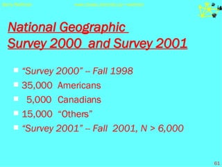 National Geographic  Survey 2000  and Survey 2001 “ Survey 2000” --   Fall 1998 35,000  Americans 5,000  Canadians 15,000  “Others”  “ Survey 2001” -- Fall  2001, N > 6,000 