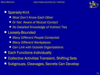 Sparsely-Knit  Most Don’t Know Each Other Or Not  Aware of Mutual Contact No Detailed Knowledge of Indirect Ties Loosely-Bounded Many Different People Contacted Many Different Workplaces Can Link with Outside Organizations Each Functions Individually Collective Activities Transient, Shifting Sets  Subgroups, Cleavages, Secrets Can Develop 