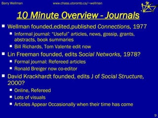 10 Minute Overview - Journals Wellman founded,edited,published  Connections,  1977 Informal journal: “Useful” articles, news, gossip, grants, abstracts, book summaries Bill Richards, Tom Valente edit now Lin Freeman founded, edits  Social Networks,  1978? Formal journal: Refereed articles Ronald Breiger now co-editor David Krackhardt founded, edits J of  Social Structure,  2000? Online, Refereed Lots of visuals Articles Appear Occasionally when their time has come 