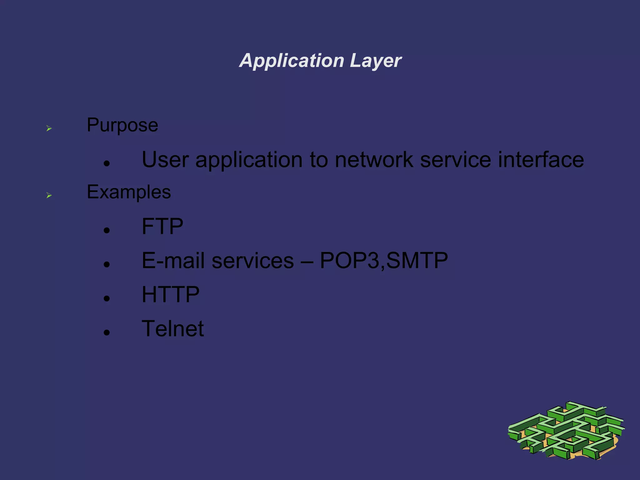 Application Layer
 Purpose
 User application to network service interface
 Examples
 FTP
 E-mail services – POP3,SMTP
 HTTP
 Telnet
 