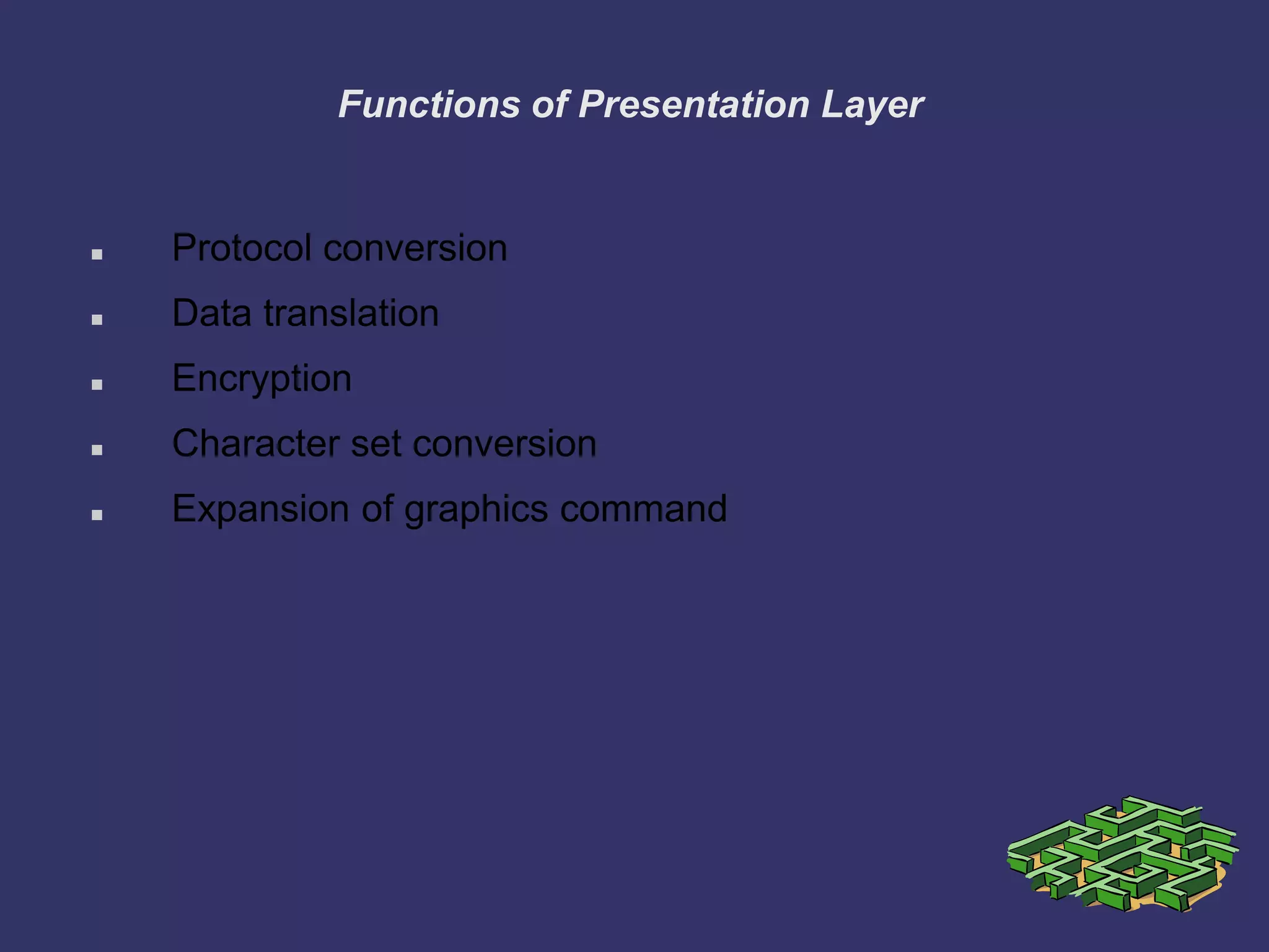 Functions of Presentation Layer
 Protocol conversion
 Data translation
 Encryption
 Character set conversion
 Expansion of graphics command
 