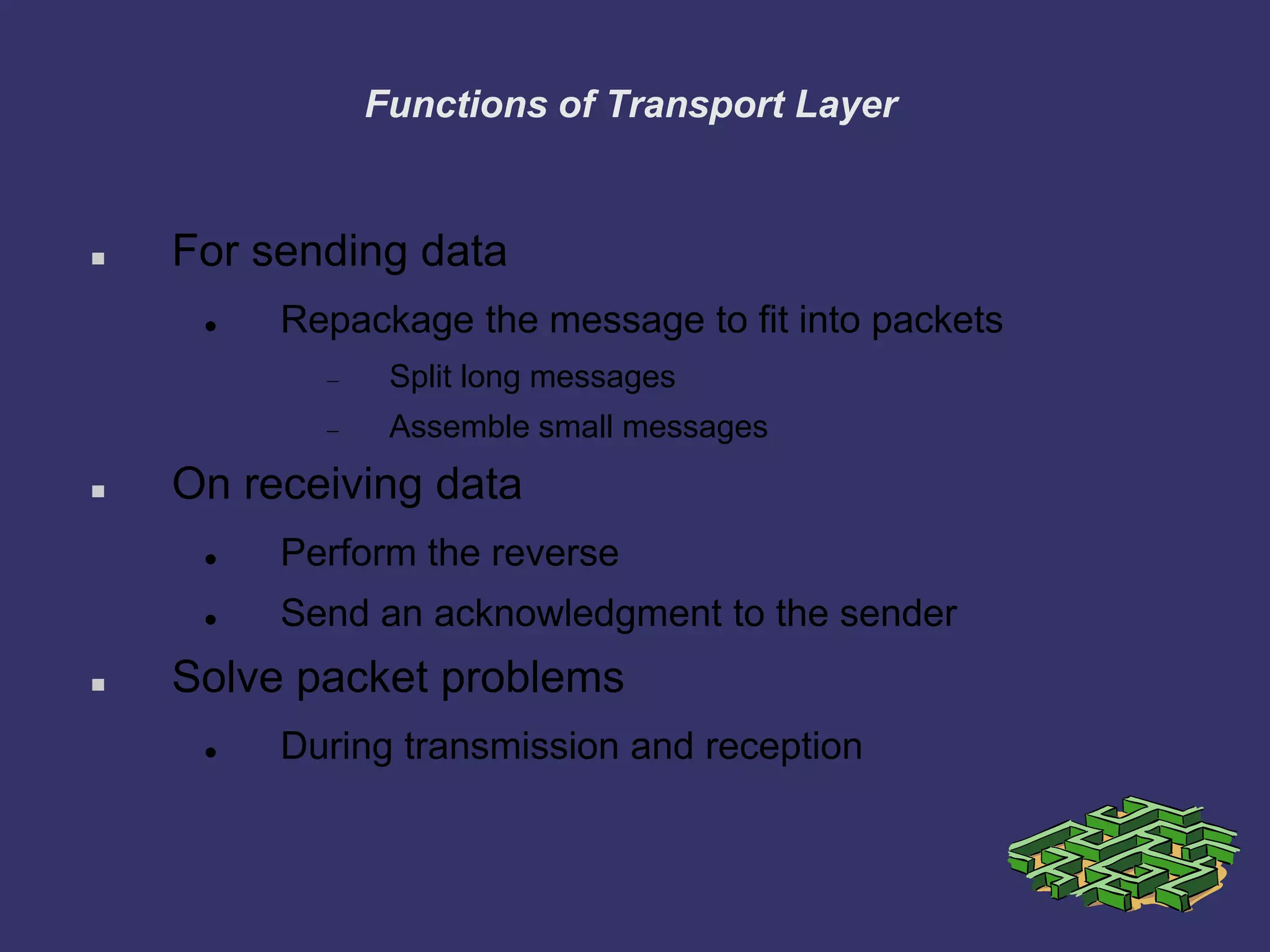 Functions of Transport Layer
 For sending data
 Repackage the message to fit into packets
Split long messages
Assemble small messages
 On receiving data
 Perform the reverse
 Send an acknowledgment to the sender
 Solve packet problems
 During transmission and reception
 
