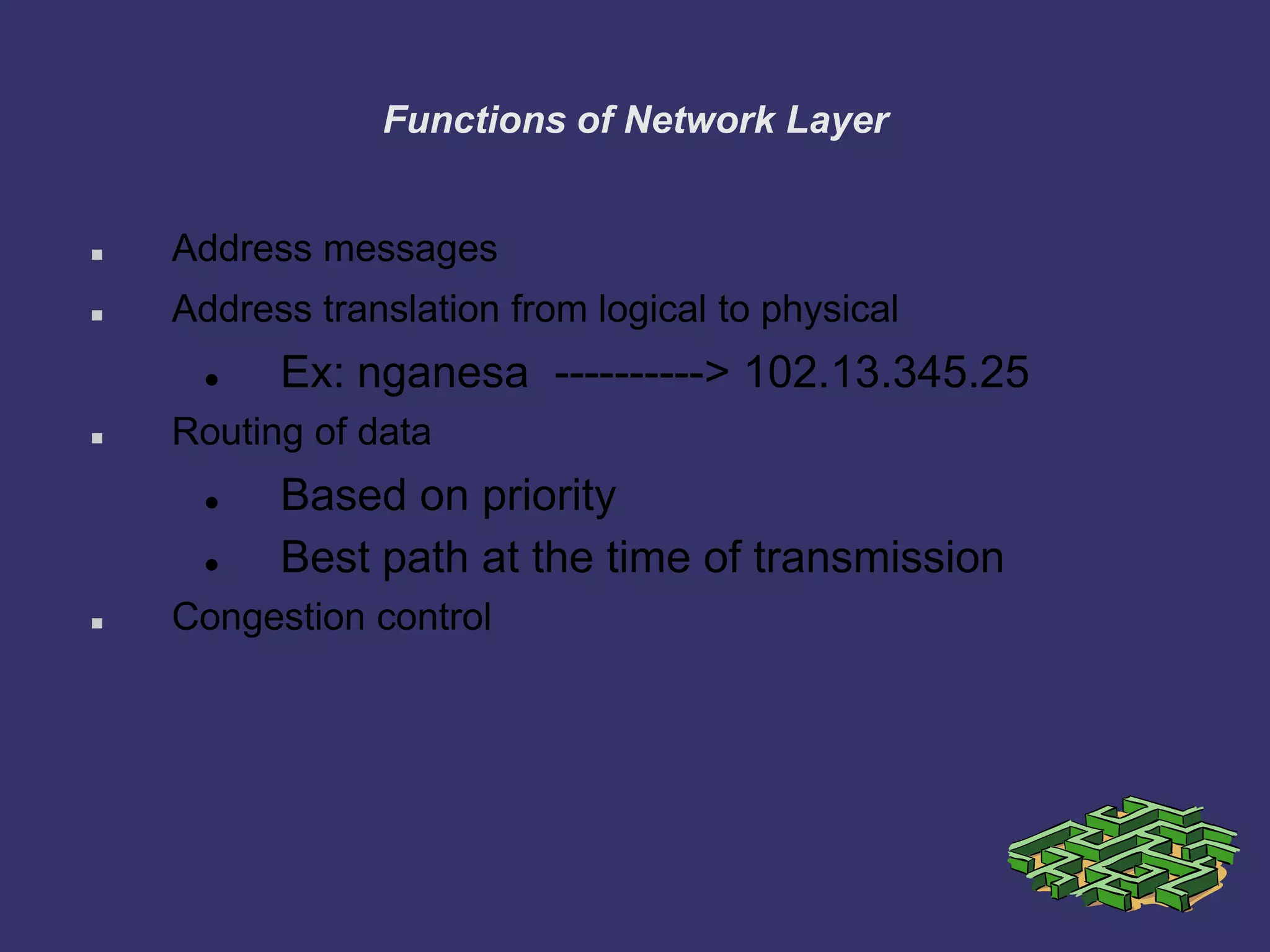 Functions of Network Layer
 Address messages
 Address translation from logical to physical
 Ex: nganesa ----------> 102.13.345.25
 Routing of data
 Based on priority
 Best path at the time of transmission
 Congestion control
 