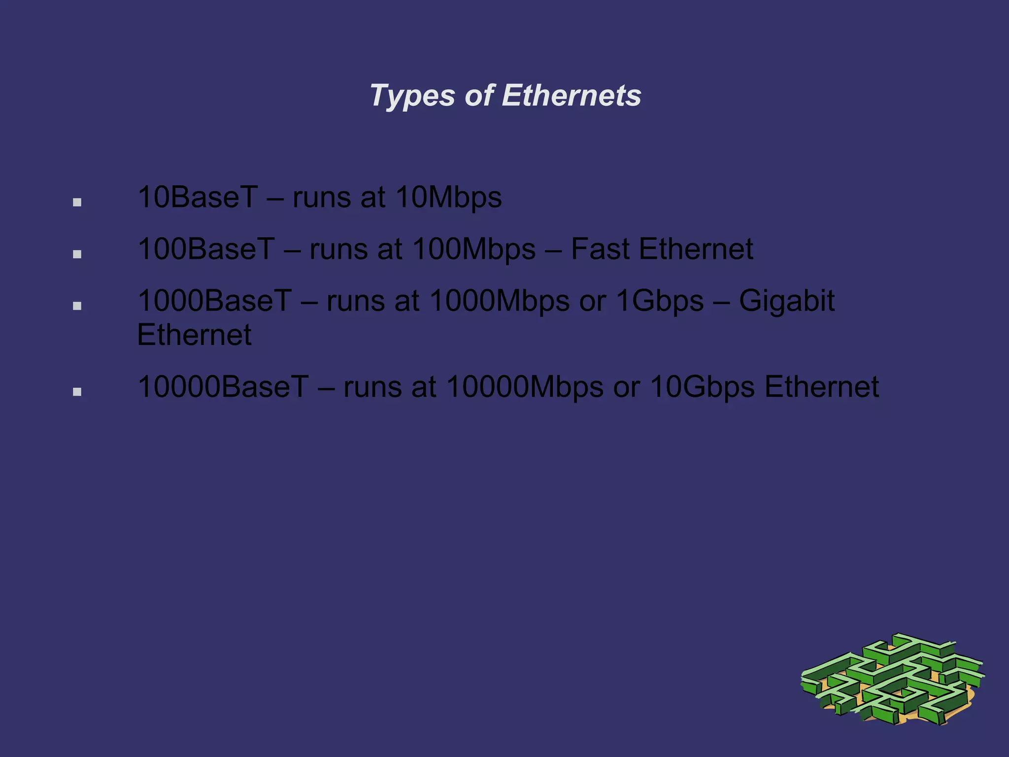 Types of Ethernets
 10BaseT – runs at 10Mbps
 100BaseT – runs at 100Mbps – Fast Ethernet
 1000BaseT – runs at 1000Mbps or 1Gbps – Gigabit
Ethernet
 10000BaseT – runs at 10000Mbps or 10Gbps Ethernet
 