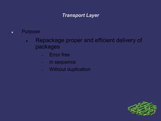 Transport Layer
 Purpose
 Repackage proper and efficient delivery of
packages
Error free
In sequence
Without duplication
 