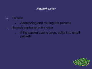 Network Layer
 Purpose
 Addressing and routing the packets
 Example application at the router
 If the packet size is large, splits into small
packets
 