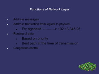 Functions of Network Layer
 Address messages
 Address translation from logical to physical
 Ex: nganesa ----------> 102.13.345.25
 Routing of data
 Based on priority
 Best path at the time of transmission
 Congestion control
 