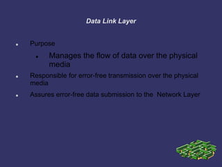 Data Link Layer
 Purpose
 Manages the flow of data over the physical
media
 Responsible for error-free transmission over the physical
media
 Assures error-free data submission to the Network Layer
 