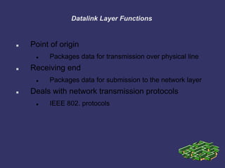 Datalink Layer Functions
 Point of origin
 Packages data for transmission over physical line
 Receiving end
 Packages data for submission to the network layer
 Deals with network transmission protocols
 IEEE 802. protocols
 