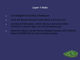 Layer 1 Hubs
 no intelligent forwarding whatsoever
 hubs will always forward every frame out every port
 operate at half-duplex, which allows a device to either
transmit or receive data, but not simultaneously
 Ethernet utilizes Carrier Sense Multiple Access with Collision
Detect (CSMA/CD) to control media access.
 