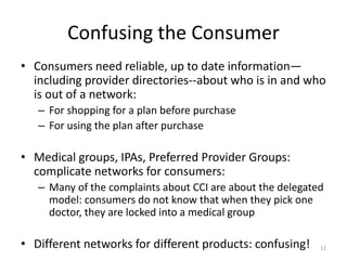 Confusing the Consumer
• Consumers need reliable, up to date information—
including provider directories--about who is in ...