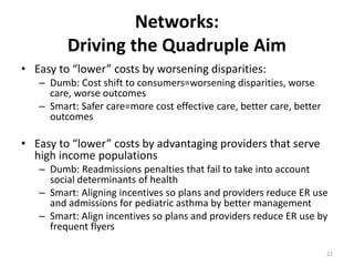 Networks:
Driving the Quadruple Aim
• Easy to “lower” costs by worsening disparities:
– Dumb: Cost shift to consumers=wors...
