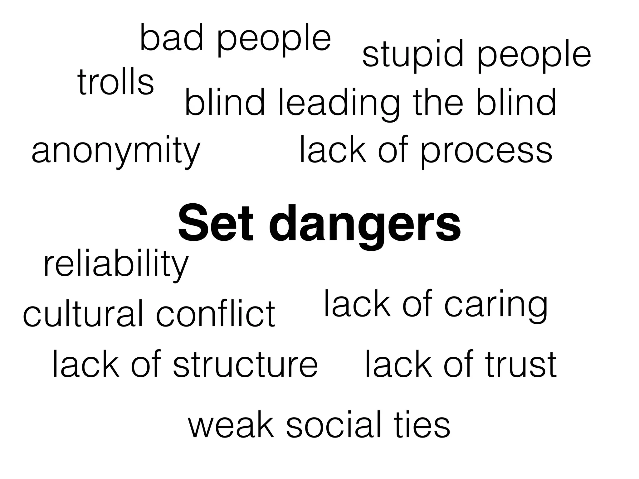 Set dangers
anonymity lack of process
weak social ties
stupid people
lack of caring
bad people
lack of structure
reliability
lack of trust
trolls
blind leading the blind
cultural conﬂict
 