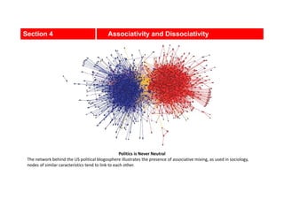 Section 4 Associativity and Dissociativity
Politics is Never Neutral
The network behind the US political blogosphere illustrates the presence of associative mixing, as used in sociology,
nodes of similar caracteristics tend to link to each other.
 