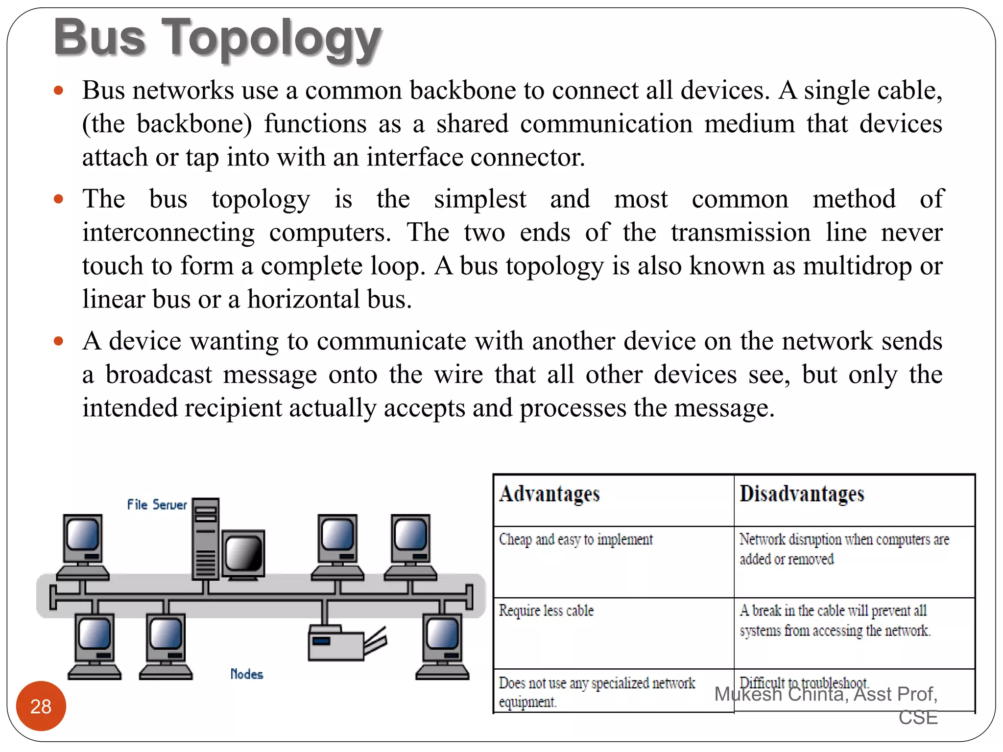Bus Topology
 Bus networks use a common backbone to connect all devices. A single cable,
(the backbone) functions as a shared communication medium that devices
attach or tap into with an interface connector.
 The bus topology is the simplest and most common method of
interconnecting computers. The two ends of the transmission line never
touch to form a complete loop. A bus topology is also known as multidrop or
linear bus or a horizontal bus.
 A device wanting to communicate with another device on the network sends
a broadcast message onto the wire that all other devices see, but only the
intended recipient actually accepts and processes the message.
Mukesh Chinta, Asst Prof,
CSE
28
 